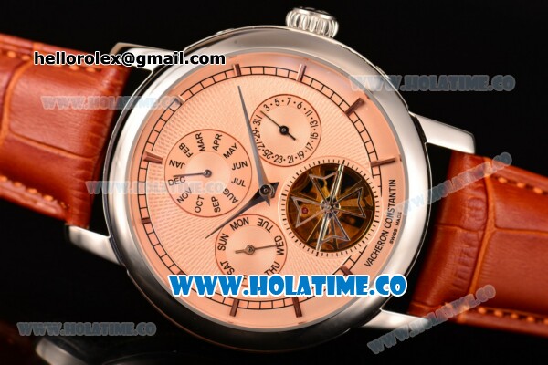 Vacheron Constantin Malte Tourbillon Asia Automatic Steel Case with Pink Dial Brown Leather Strap - Stick Markers - Click Image to Close